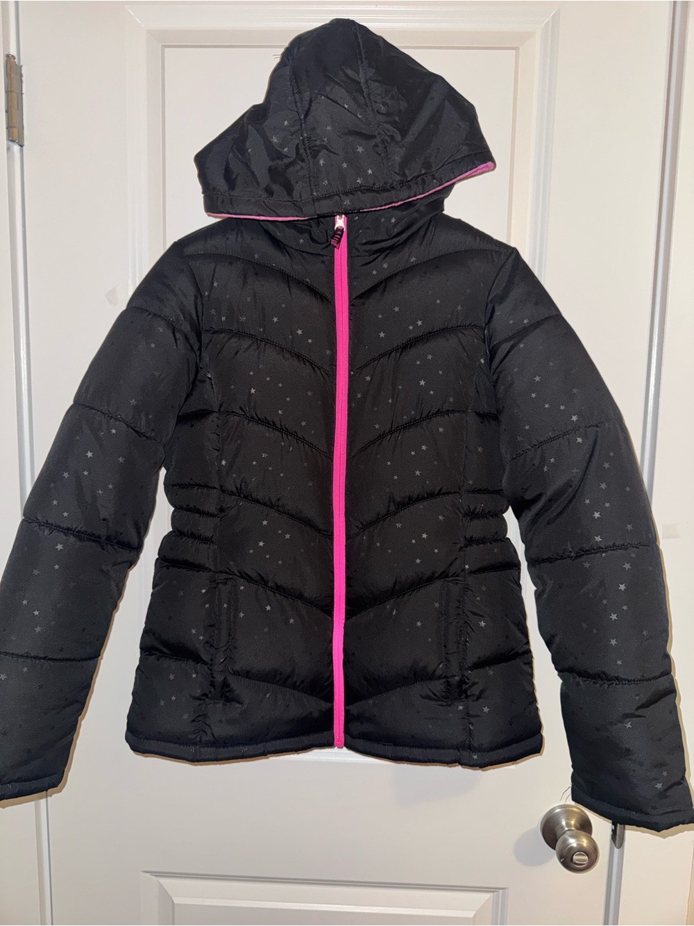 Faded Glory Black Hooded Puffer Jacket with Pink Trim
